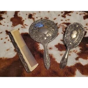 GODINGER Floral Rose Silver Plated 5" Mirror 8" Brush 7" Comb Solid Heavy 3 Pcs